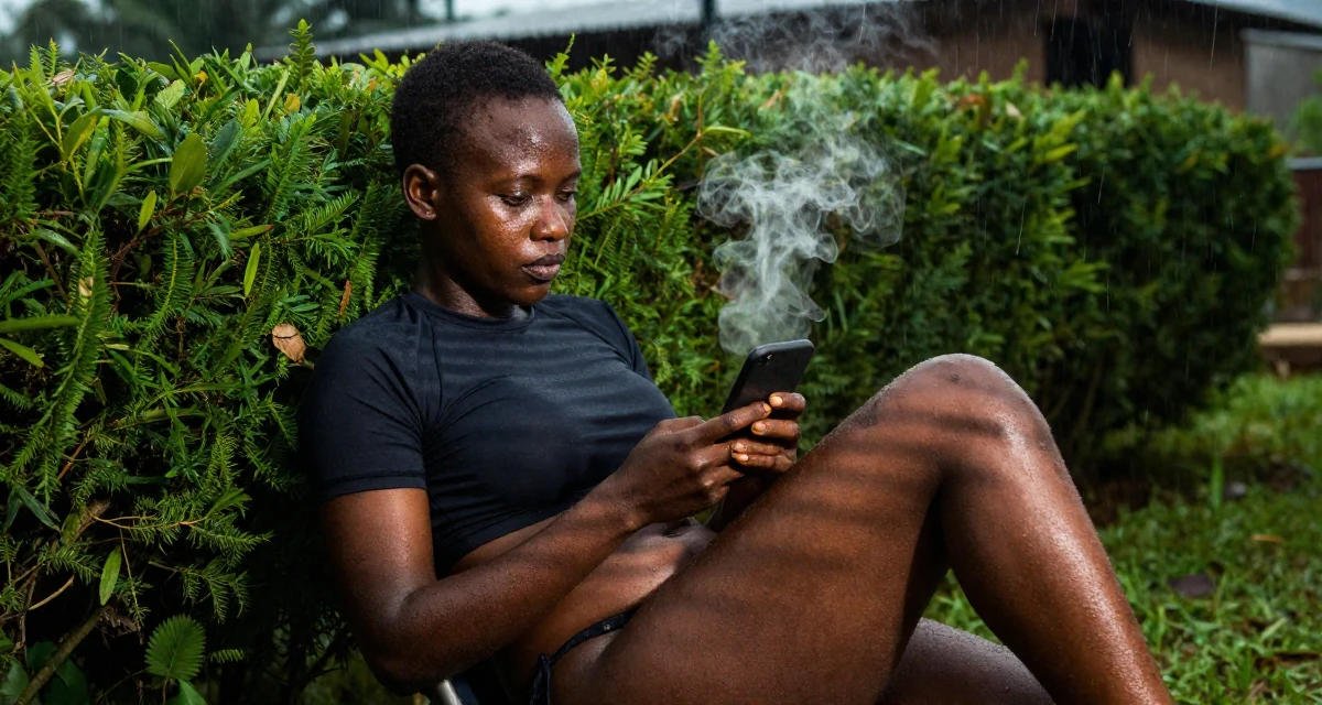 A tired Female From Ghana, majored in banking and finance in their 24, glowing with the confidence of experience, wearing a cropped rash guard and bikini bottom, reading a text message in a farm field.