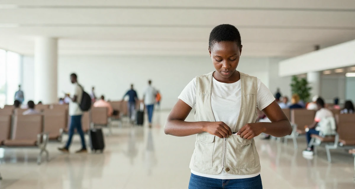 A tranquil Female From Mombasa Kenya, studied hospitality in their 22, managing new financial responsibilities, wearing a casual vest and t-shirt layer, looking for something in a pocket in a airport departure lounge.