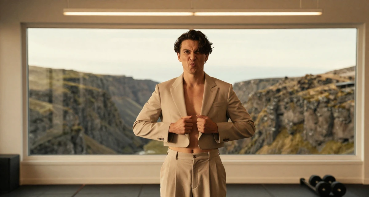 A spirited male From Iceland, based in Hafnarfjörður, graduated from an arts academy majoring in intimate creative expression in their 23, experimenting with playful facial expressions, wearing a cropped business jacket and high-waisted pants, gripping a lapel in a gym interior.
