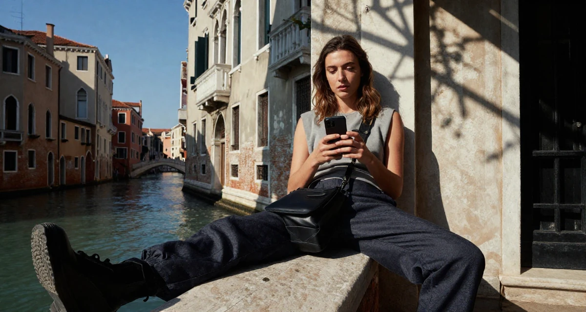 A dazed Female Former model agency assistant, now running her own creator portfolio in their 47, art collector sharing gallery experiences, wearing a comfortable travel outfit, texting with both thumbs in a high-rise office building.