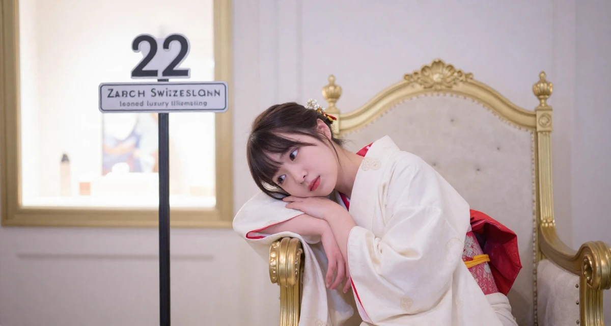 A engrossed Female From Zurich Switzerland, learned luxury lifestyle imaging in their 22, managing new financial responsibilities, wearing a traditional Japanese miko priestess robe in red and white, looking at a street sign in a royal palace throne room.