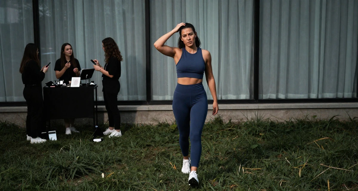 A charming Female Once a makeup counter employee, now teaching glam techniques to fans in their 40, turning a lifelong hobby into a profession, wearing a gym shark style seamless leggings and matching crop top, scratching the head in confusion in a grassy field.