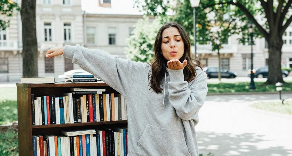 A reserved Female From USA, studied computer science but switched to arts in their 25, dealing with nervousness before posting first video, wearing a oversized hoodie worn as a dress, blowing a kiss in a quiet park.