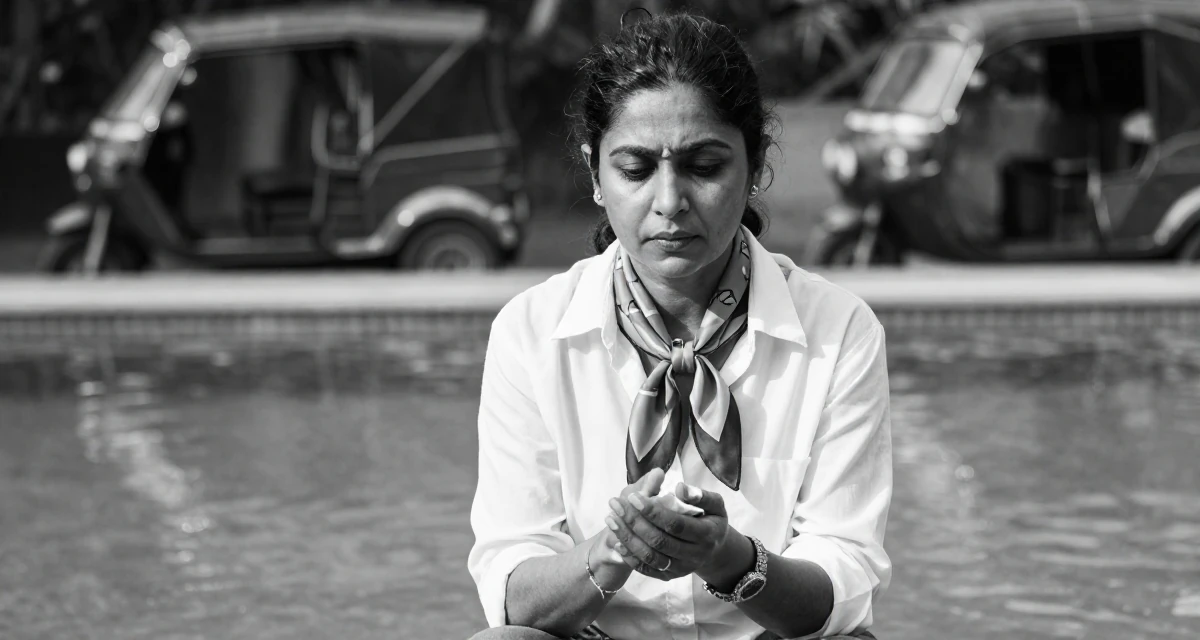 A hypnotic Female From Mumbai India, studied film production in their 43, sophisticated travel vlogger for mature women, wearing a silk scarf tied around the neck of a white shirt, wiping hands in a swimming pool.