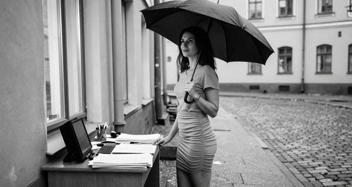 A soft Female From Saint Petersburg Russia, studied fine arts in their 47, solo traveler exploring the world in luxury, wearing a ruched mini dress that accentuates the figure, holding an umbrella in a messy desk.