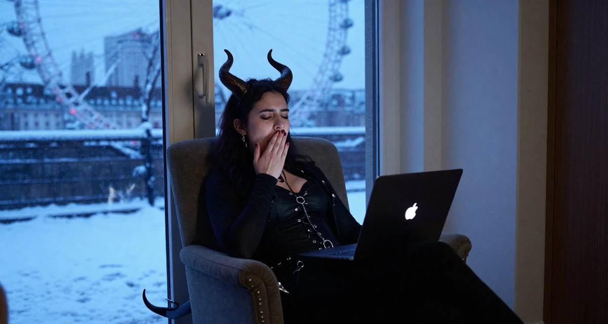 A upbeat Female From UK, trained in musical theatre in their 23, learning the pain of “low views after high effort”, wearing a demon girl outfit with horns and a spiked tail, stifling a yawn in a narrow hallway.