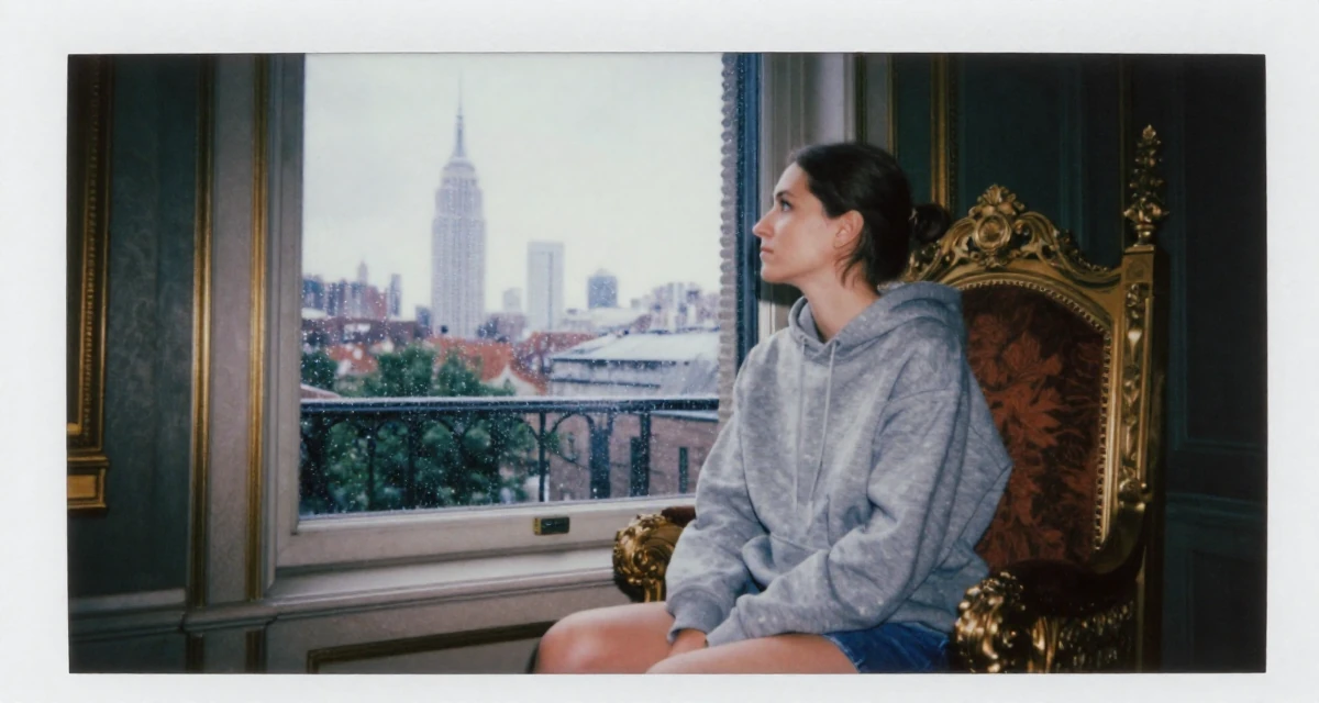 A introspective Female From Finland, studied applied linguistics in their 23, staring pensively out a rain-streaked window, wearing a casual hoodie and denim shorts, gazing at the sky in a royal palace throne room.