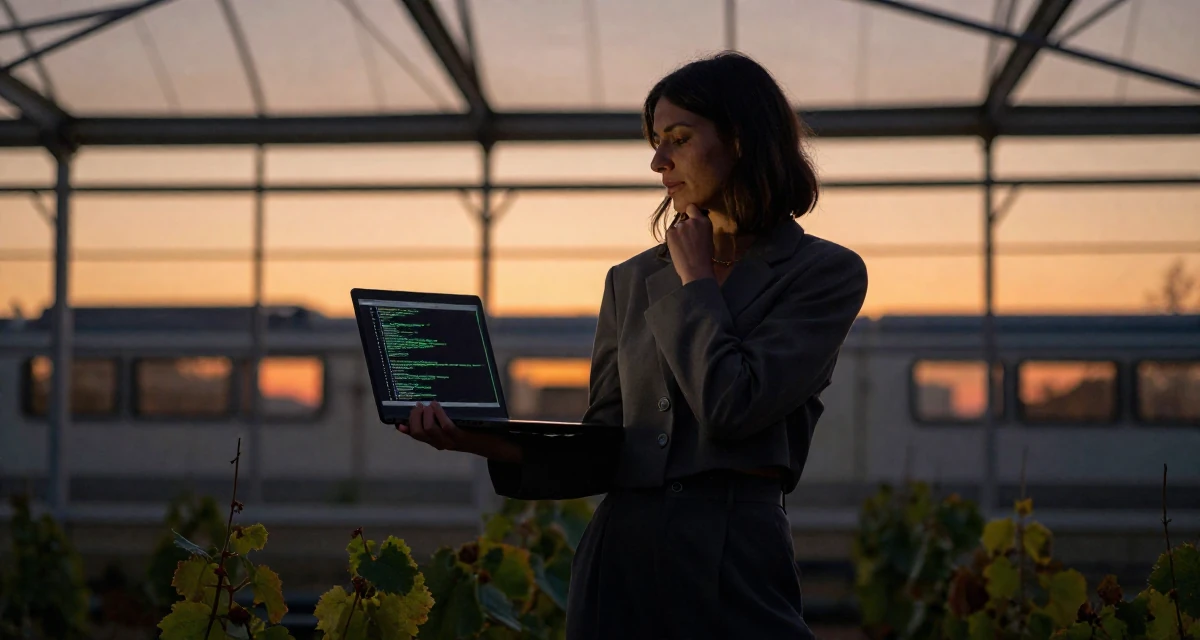 A peaceful Female From France, studied viticulture and oenology in their 25, trying to avoid burnout from overthinking every post, wearing a cropped blazer and high-waisted trousers set, holding a laptop in a greenhouse interior.