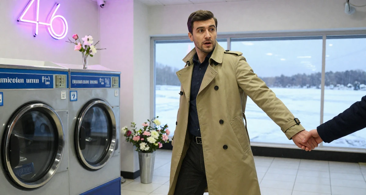A inspired male From Uzbekistan, majored in information systems in their 46, passionate about classic literature and arts, wearing a timeless trench and boots, holding hands with someone unseen in a laundromat with neon signs.