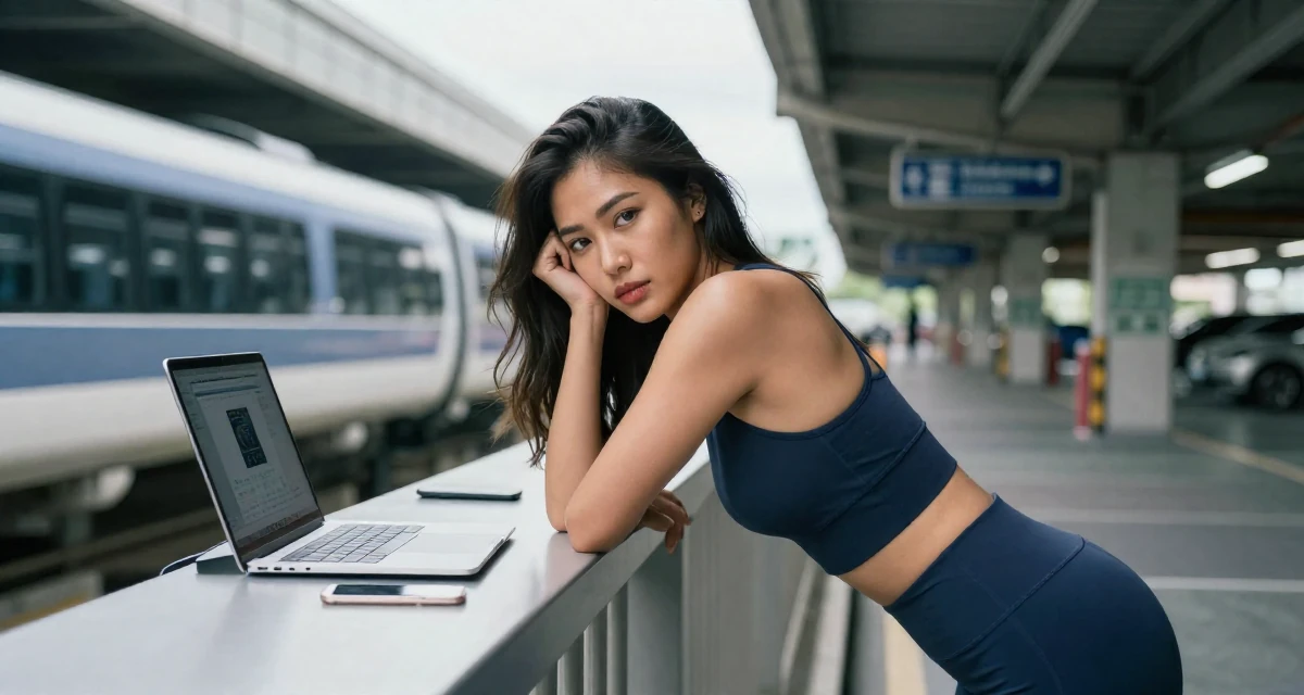A pensive Female From Thailand, based in Phuket, graduated from a media academy majoring in tropical glamour production in their 30, recovering workaholic learning to relax, wearing a fitted athletic wear, leaning on a railing in a underground parking garage.