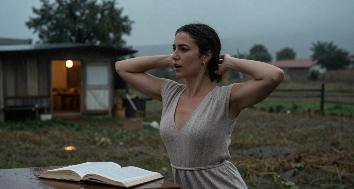 A spirited Female From Athens Greece, learned movement expression through traditional dance in their 26, feeling the shift from junior to mid-level expectations, wearing a soft knit dress with a plunging neckline, holding a notebook in a farm field.