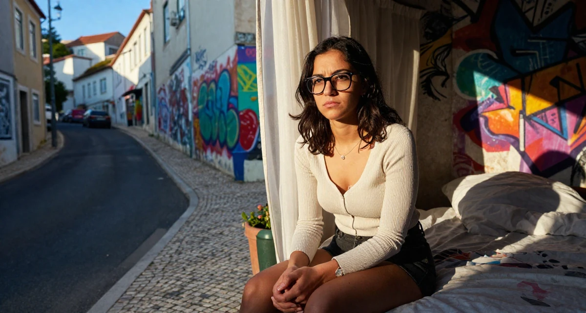 A cynical Female From Lisbon Portugal, learned storytelling through movement in their 21, exploring the city nightlife until sunrise, wearing a librarian outfit with glasses and a tight cardigan, clasping hands together in a country road.
