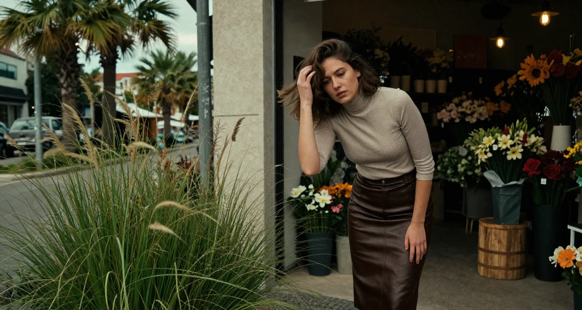 A lonely Female From Germany, studied information engineering in their 26, chasing the digital nomad lifestyle dream, wearing a fitted turtleneck and a leather midi skirt, pushing hair from face in a flower shop entrance.