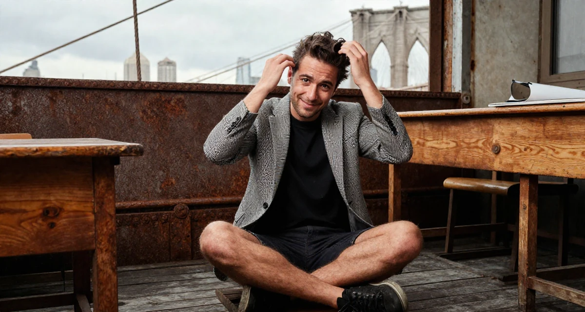 A pleased male From Italy, studied graphic design in their 30, prioritizing quality over quantity in friendships, wearing a structured blazer with shorts, retouching hair volume in a classroom setting.