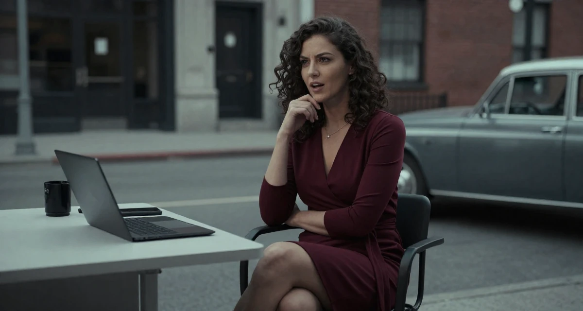 A spirited Female From Canada, holds a degree in accounting in their 23, learning to set boundaries with bosses, wearing a elegant wrap dress in deep burgundy, touching the chin thoughtfully in a neon-lit street.