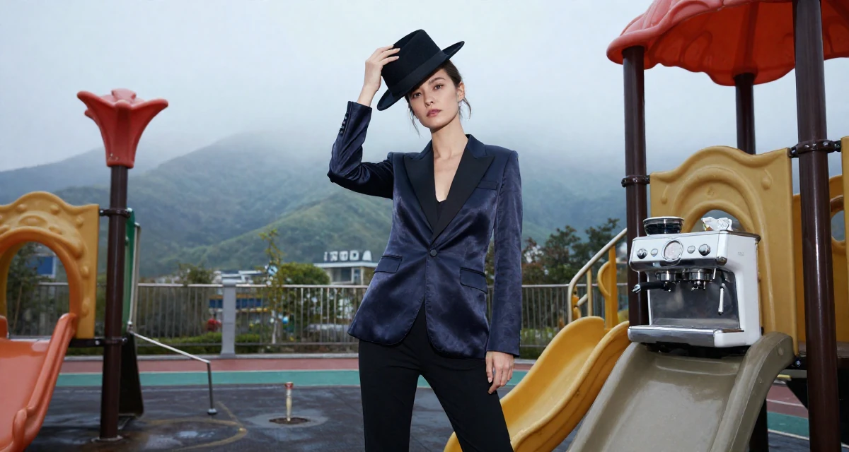 A cold and distant Female Once a calligraphy hobbyist, now integrating art into sensual themes in their 46, creating a sanctuary at home for relaxation, wearing a satin lapel blazer and tuxedo pants, holding a hat in a school playground.