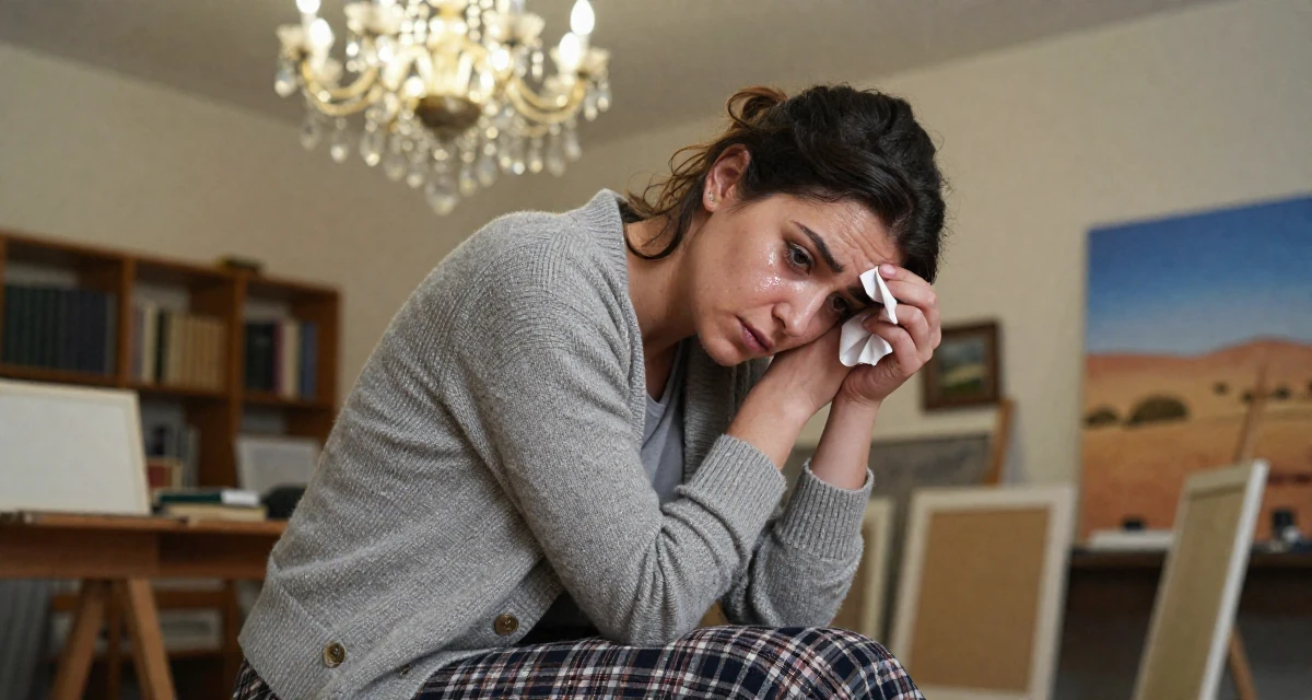 A proud and dignified Female From Turkey, based in Antalya, graduated from a film school majoring in mood-driven visual expression in their 26, learning that trends shift faster than energy can keep up, wearing a classic librarian style cardigan and a plaid skirt, wiping sweat from the brow in a artist workshop.