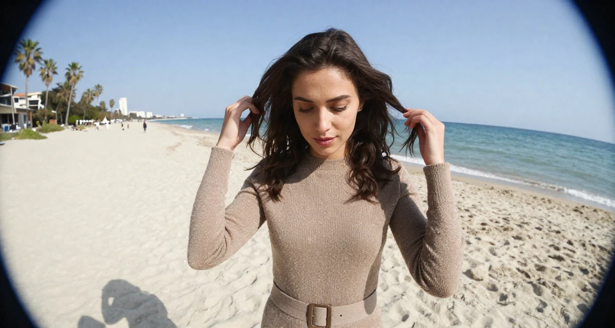 A peaceful Female From Thessaloniki Greece, majored in international economics in their 22, facing early rejection and learning from it, wearing a form-fitting sweater dress with a belt, fixing a loose strand of hair in a tropical white sand beach.