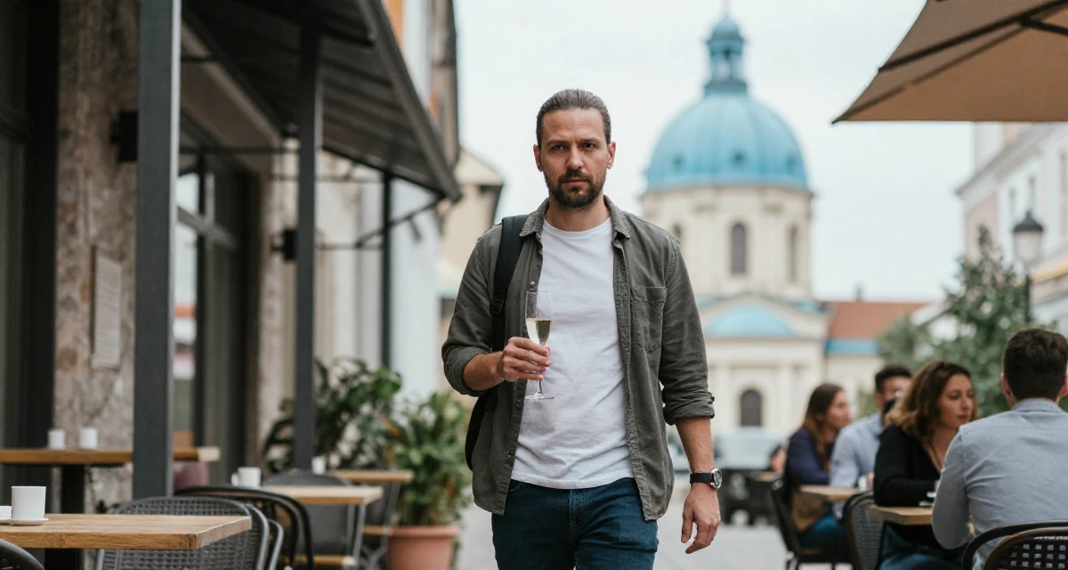 A determined male From Hungary, majored in communication strategy in their 30, recovering workaholic learning to relax, wearing a comfortable urban casual outfit, holding a champagne glass in a cozy café.