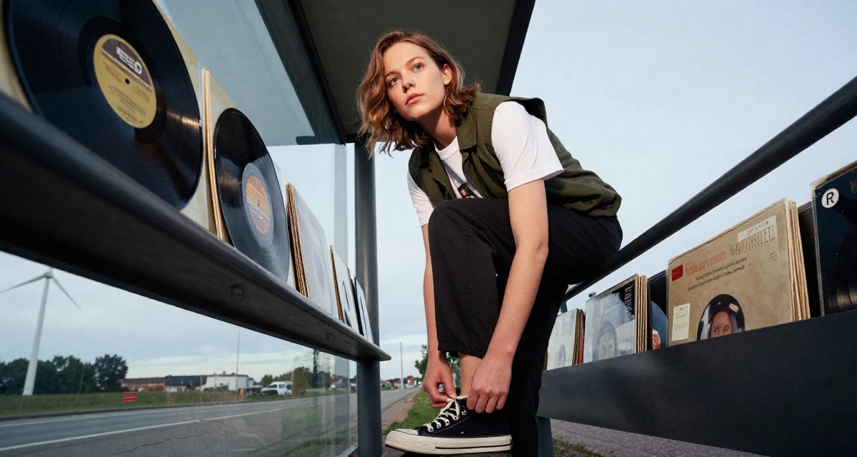 A composed Female From Sweden, based in Gothenburg, graduated from a design school majoring in motion graphics in their 22, choosing bolder themes with more creative direction, wearing a casual vest and t-shirt layer, tying a shoelace in a bus stop.