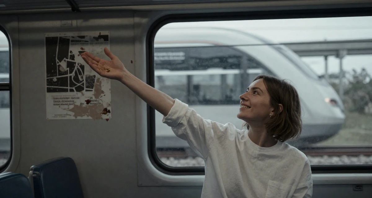 A relaxed and happy Female From Germany, studied industrial design at a technical college in their 29, trying to plan a future with unpredictable income, wearing a minimalist Scandinavian style, catching a falling flower petal in a train carriage.
