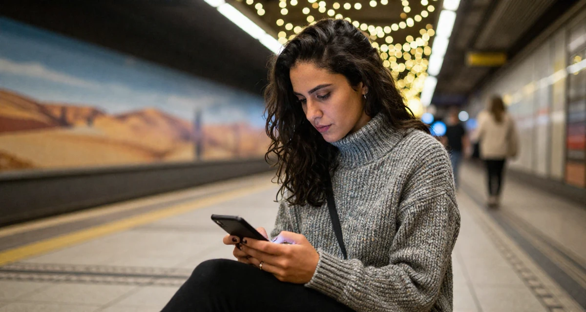 A assertive Female Raised in Brazil, majored in multimedia arts in their 27, accepting that success requires endless reinvention, wearing a textured wool sweater, scrolling casually in a subway station.