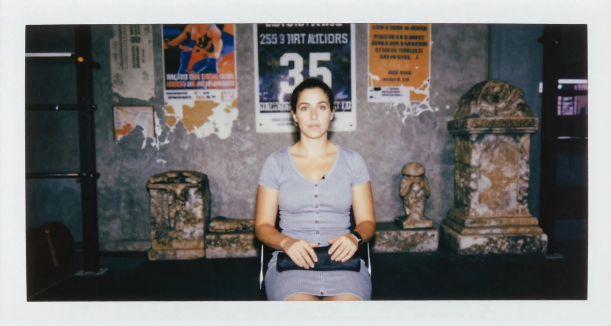 A lonely Female From Australia, studied sports science and nutrition in their 35, celebrating a major career milestone, wearing a ribbed cotton dress with buttons down the front, clutching a clutch bag in a gym interior.