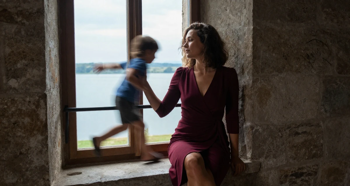 A moody Female From Austria, based in Graz, graduated from an arts academy majoring in emotional portrait direction in their 45, embracing the freedom of a child-free life, wearing a elegant wrap dress in deep burgundy, holding a railing in a ancient stone ruins.