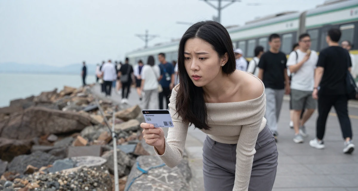 A thoughtful Female From Hangzhou China, studied online commerce and lifestyle branding in their 29, fighting the fear of being “too old for the platform”, wearing a off-the-shoulder knit top and fitted trousers, holding a subway card in a rocky ocean cliff.
