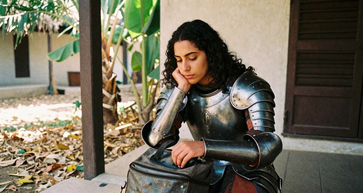 A reserved Female From Cairo Egypt, studied anthropology in their 29, balancing content creation with part-time work, wearing a battle-damaged armor showing skin underneath, closing a bag in a front porch.
