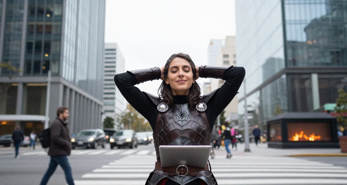 A intimidating Female From Uruguay, studied anthropology in their 25, smiling gently with a secret inner peace, wearing a dark elf leather armor with spiderweb motifs, holding a tablet in a busy crosswalk.