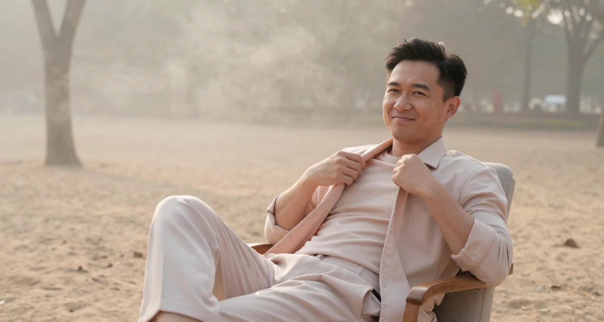 A smirking male From Hanoi Vietnam, practiced boudoir photography concepts in their 25, rethinking long-term career trajectory, wearing a soft pastel-colored ensemble, putting on a jacket in a quiet park.