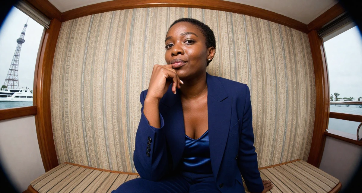 A lighthearted Female From Gabon, studied oil and gas management in their 42, interior designer with a classic aesthetic, wearing a crisp navy blue blazer over a silk camisole and trousers, sipping a warm drink in a yacht deck.
