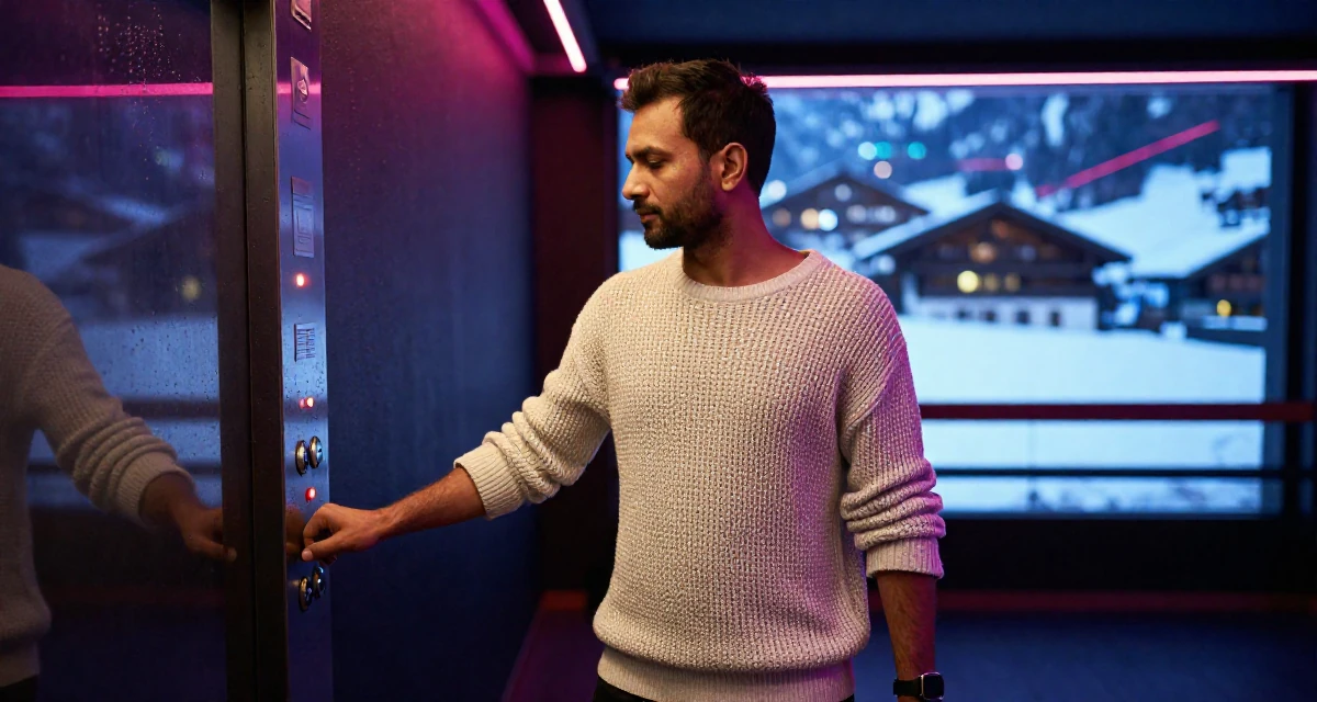 A unbothered male From Bangladesh, based in Chittagong, graduated from a technical college majoring in graphic design in their 30, exploring minimalism and intentional living, wearing a loose open-knit sweater showing skin underneath, opening a door in a yoga studio.