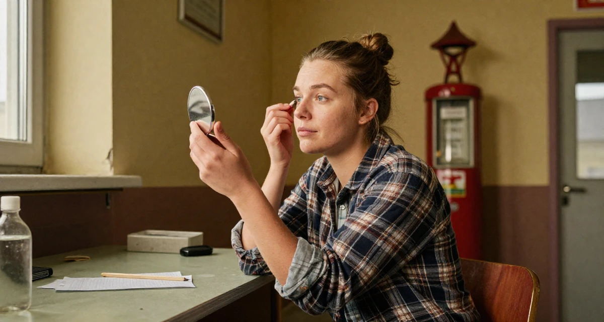 A thoughtful Female From Norway, based in Stavanger, graduated from a cultural college majoring in mood-centered photography in their 22, managing new financial responsibilities, wearing a casual plaid button-down, checking makeup in a compact mirror in a abandoned hospital.