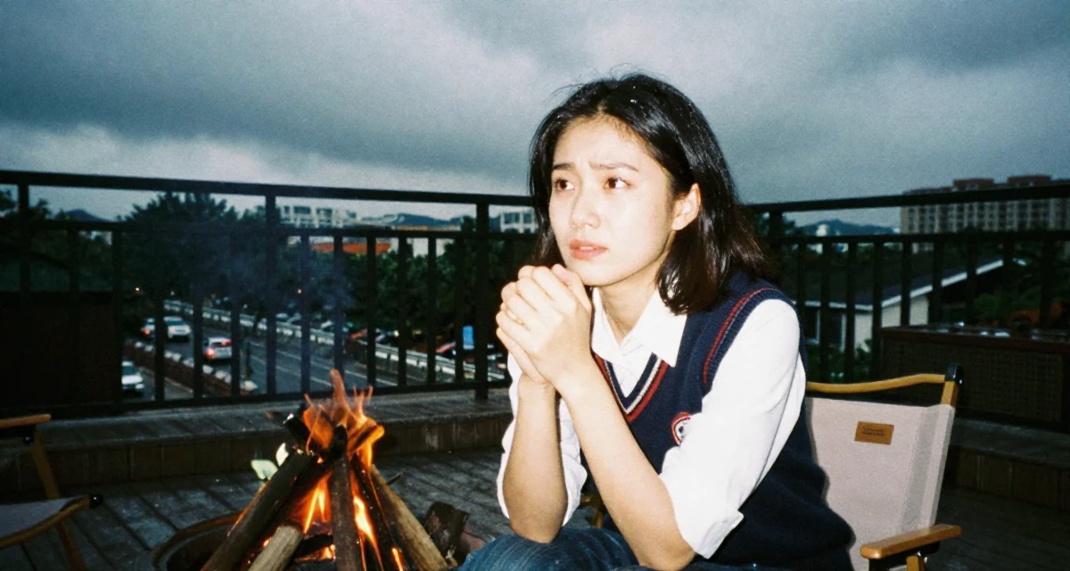 A troubled Female From Wuhan China, studied marketing and communications in their 20, buzzing with naive optimism and caffeine energy, wearing a classic collegiate style, clasping hands together in a campfire circle.