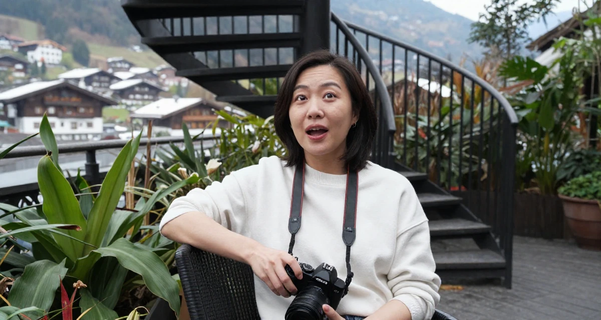 A playful and energetic Female From Chongqing China, holds a degree in psychology in their 39, preparing for a new chapter in a new city, wearing a minimalist Scandinavian style, holding a camera in a botanical garden.