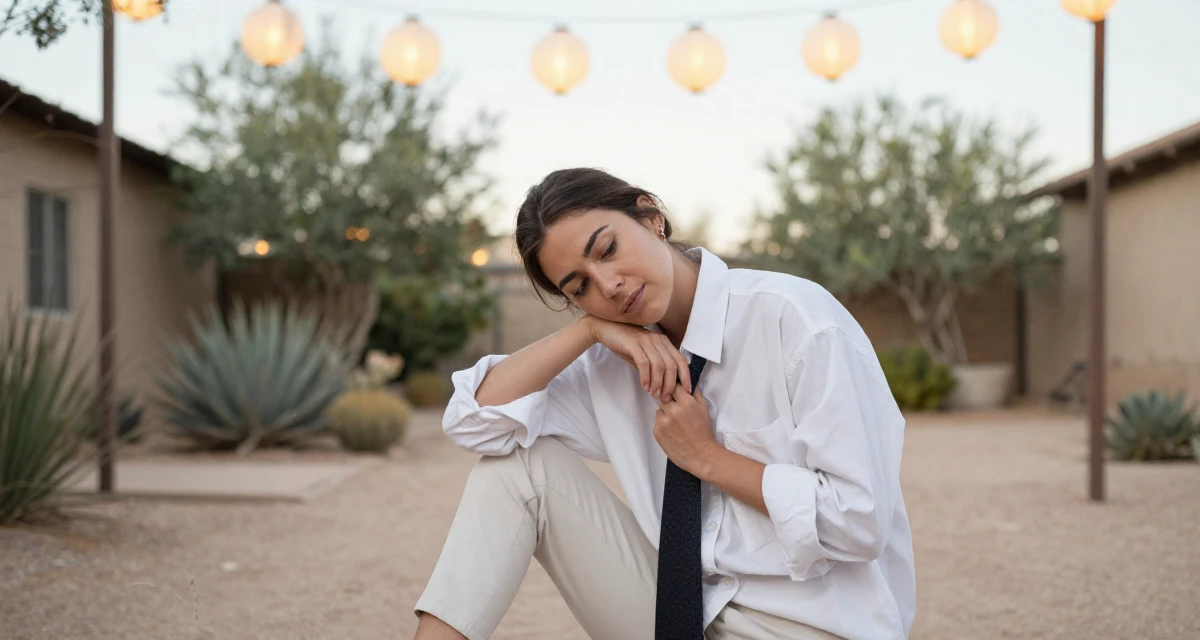 A thoughtful Female From USA, has a background in real estate in their 28, new to financial independence, wearing a oversized white shirt with sleeves rolled up and slim trousers, playing with a tie in a backyard garden.