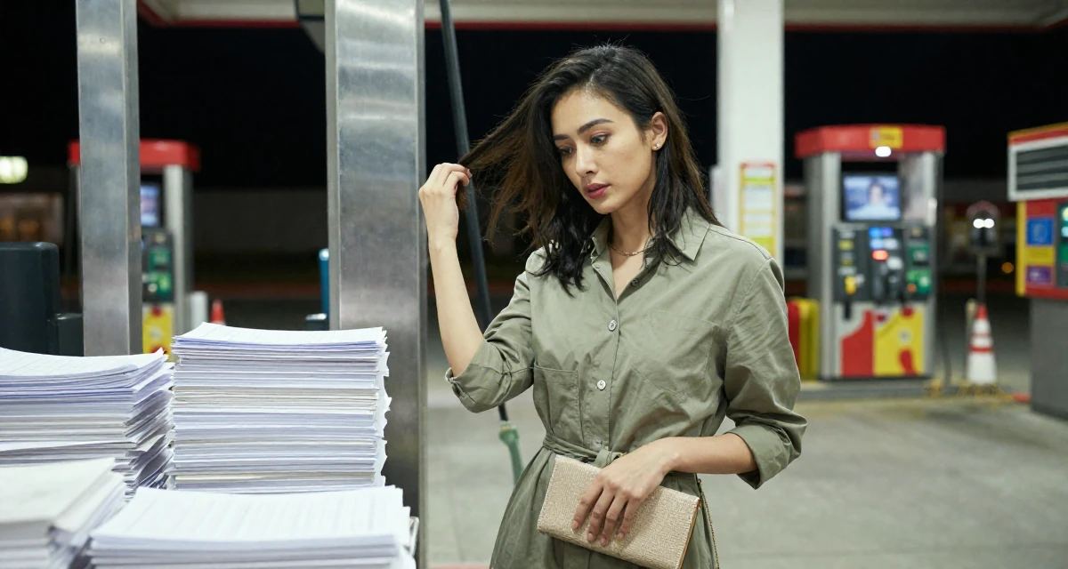 A contemplative Female Once a kindergarten helper, now producing warm lifestyle aesthetics in their 25, experimenting with niche themes to stand out, wearing a belted shirt dress with rolled sleeves, clutching a clutch bag in a gas station at night.