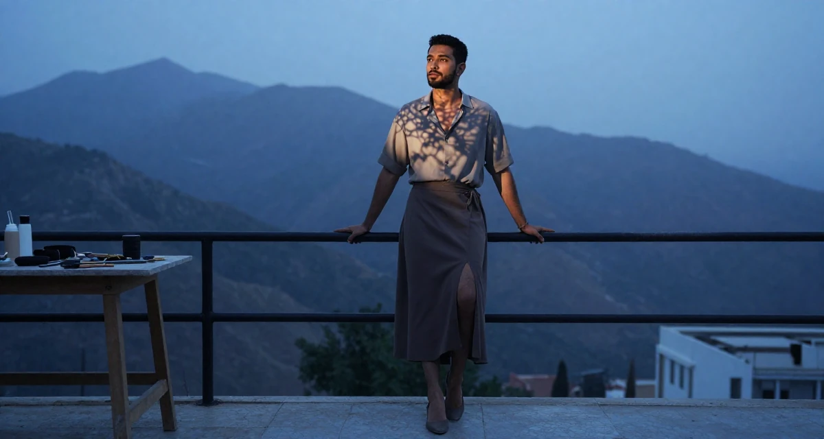 A unbothered male Grew up in Saudi Arabia, studied visual merchandising in their 23, realizing content creation requires real discipline, wearing a elegant midi skirt with a high slit and heels, holding a railing in a artist workshop.