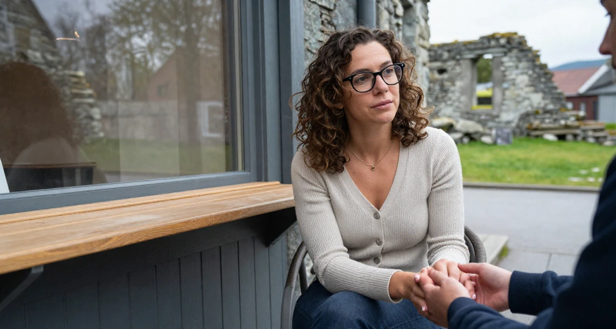 A soft Female From Bergen Norway, focused on natural-light photography in outdoor settings in their 25, figuring out boundaries while trying small photo sets, wearing a librarian outfit with glasses and a tight cardigan, holding hands with someone unseen in a bakery counter.