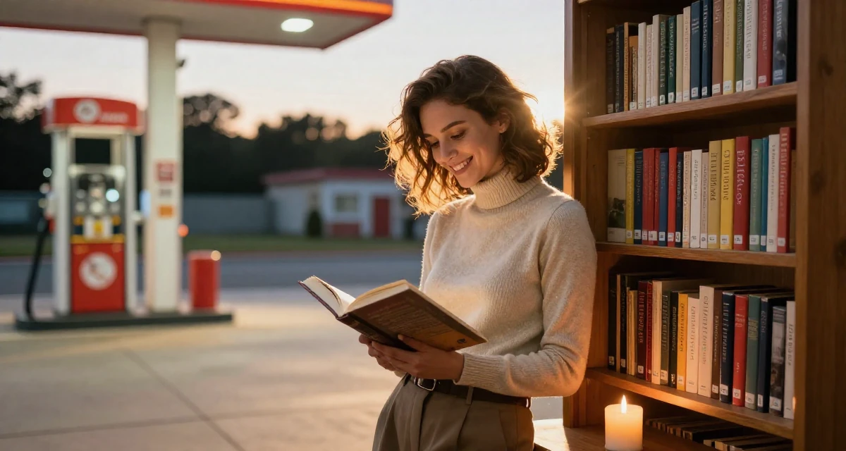 A cheerful Female Former small-town teacher, now exploring expressive photography in their 22, building early digital portfolios, wearing a sophisticated turtleneck and trousers, opening a book in a gas station at night.
