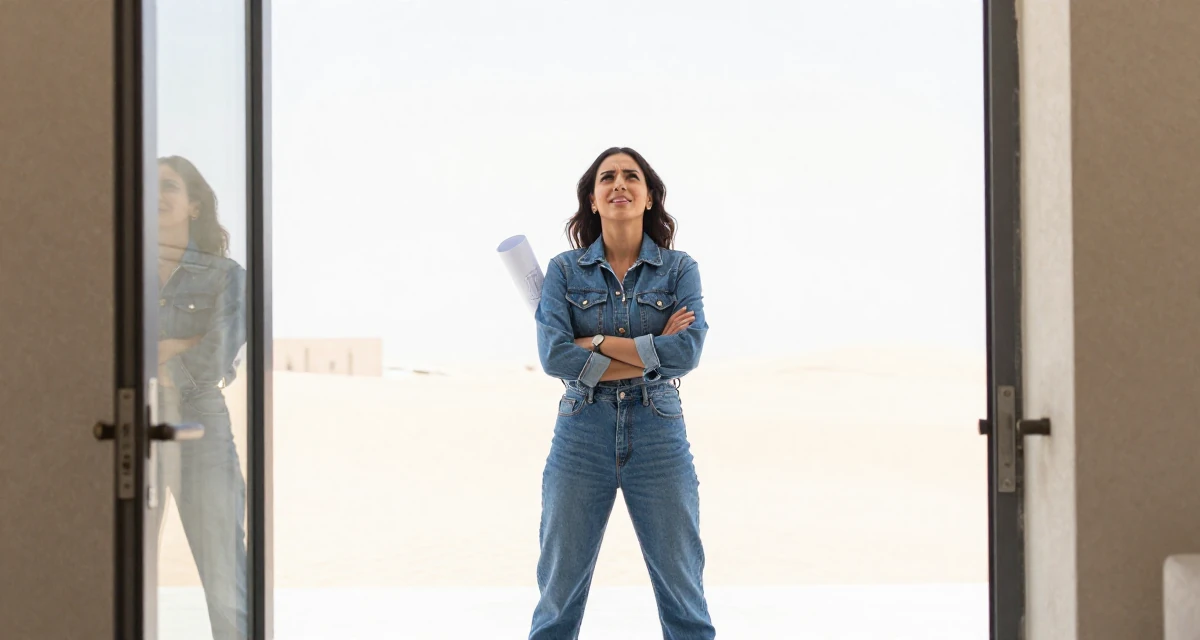 A friendly Female Raised in the UAE, studied consumer behavior analytics in their 24, fighting guilt when taking a single day off, wearing a fashionable denim on denim, looking up at the sky in a desert landscape.