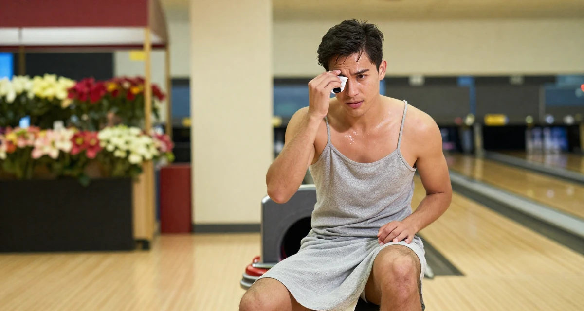A determined male Previously a paramedic trainee, now focusing on fitness and resilience content in their 22, entering the workforce with limited experience, wearing a spaghetti strap summer dress with a high slit, wiping sweat from the brow in a bowling alley.