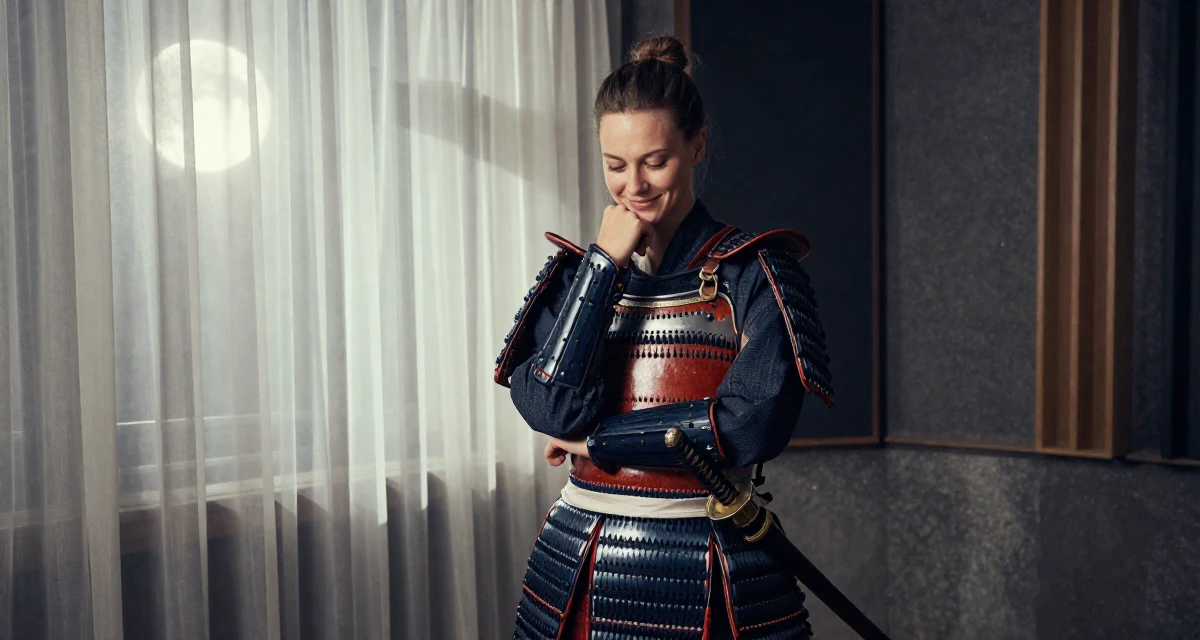 A cheerful Female From Poland, studied biotechnology in their 25, standing tall with newfound self-assurance, wearing a samurai armor set with a katana at the waist, looking down at the ground shyly in a music studio.