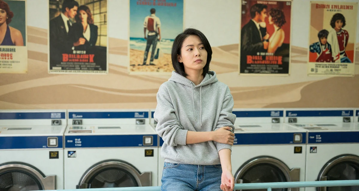 A unbothered Female From Taiwan, based in Kaohsiung, graduated from an arts program majoring in intimate scene design in their 30, weighing long-term health against constant digital hustle, wearing a classic grey hoodie and jeans, adjusting sleeves in a laundromat.