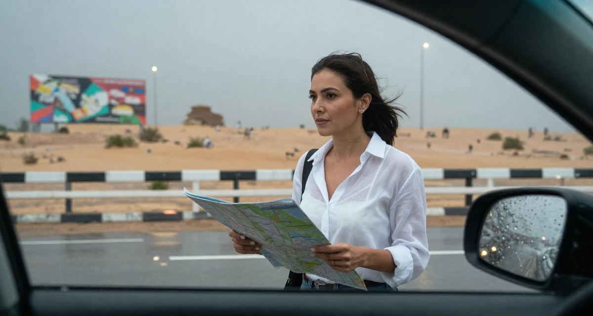 A relaxed and observant Female From Kuala Lumpur Malaysia, majored in accounting in their 34, exuding quiet confidence and authority, wearing a sheer white blouse with a delicate camisole underneath, looking at a map in a desert landscape.