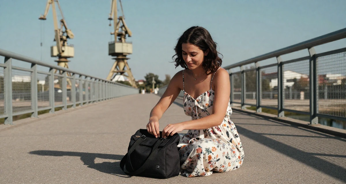 A satisfied Female From Palestine, studied community development in their 33, struggling with work-life balance, wearing a backless summer sundress in a floral print, closing a bag in a bridge walkway.
