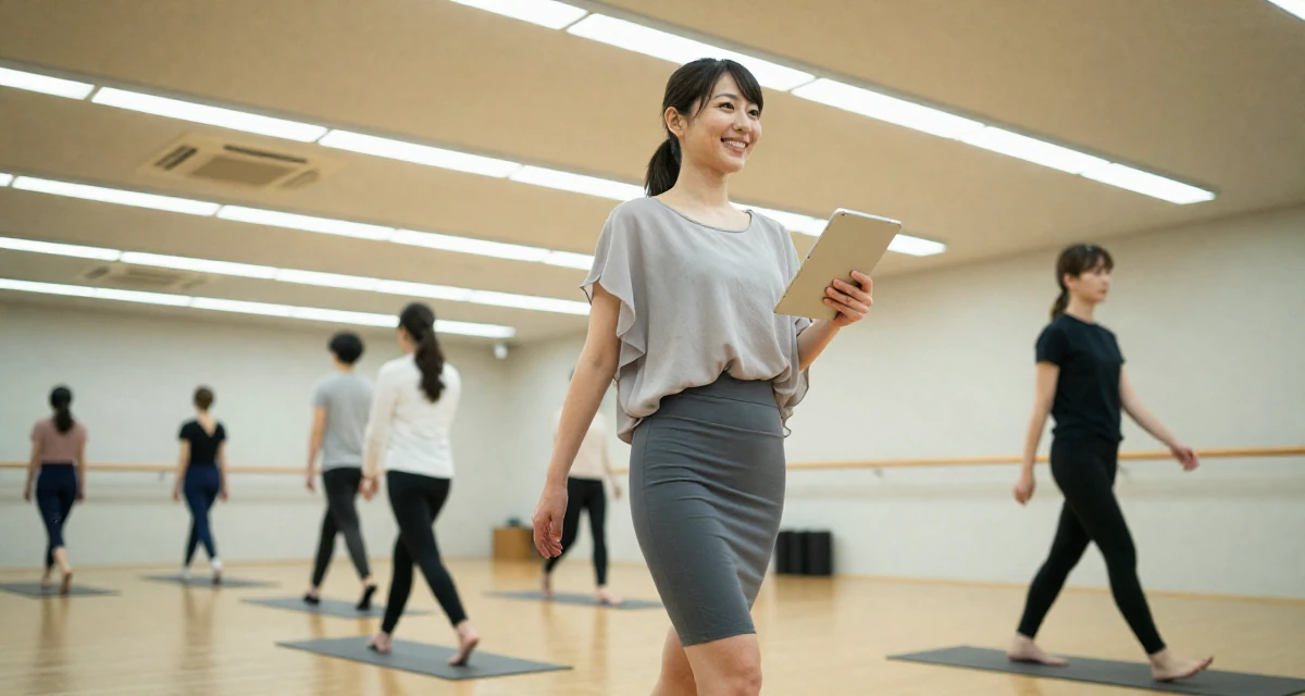 A optimistic Female From Japan, majored in information systems in their 30, recovering workaholic learning to relax, wearing a tight pencil skirt and a loose chiffon top, holding a tablet device in a yoga studio.
