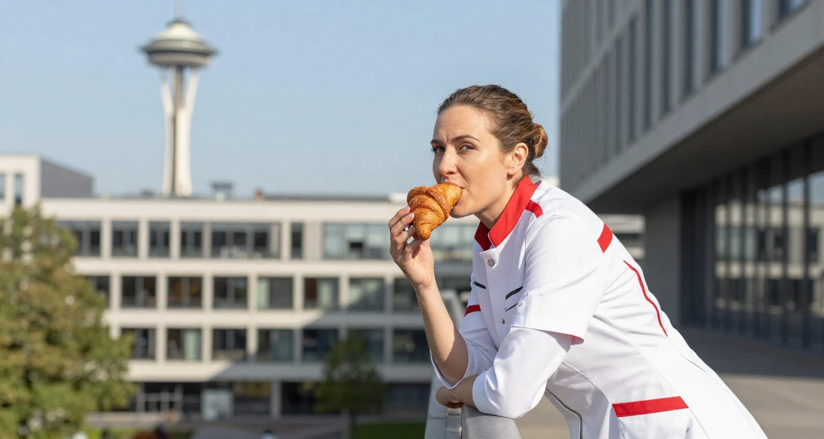 A cheeky Female From the Netherlands, based in Rotterdam, graduated from a media academy majoring in contemporary sensual design in their 37, trying to stabilize income, wearing a futuristic medic uniform with white and red details, eating a croissant in a university campus.